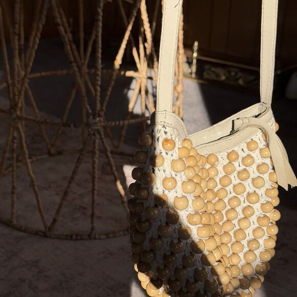 Cleobella Paradise Beaded Crossbody Raffia Bucket Bag Anthropologie Beige Cream - Picture 11 of 13
